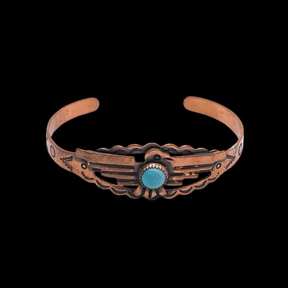 Genuine Solid Copper and Turquoise Navajo Thunderbird Cuff Bracelet Small Size - Picture 3 of 14